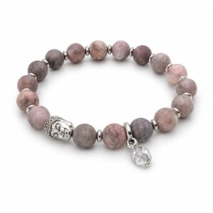Handgjort armband i rosa jaspis med buddhaberlock och tjeckisk glaspärla, Omsmyckat