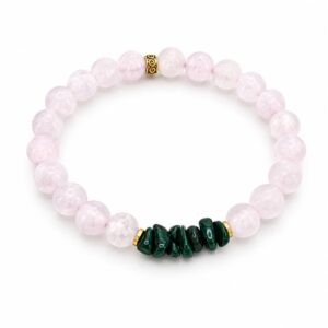 Handgjort armband i rosenkvarts och omsmyckad malakit med gulddetaljer, Omsmyckat